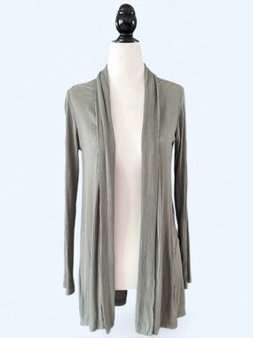 Minimalist Olive Green Long Cardigan Ribbed Open Front S